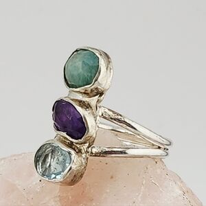 AQUAMARINE, AMETHYST & AMAZONITE RING HANDMADE IN STERLING SILVER METAL SIZE 7